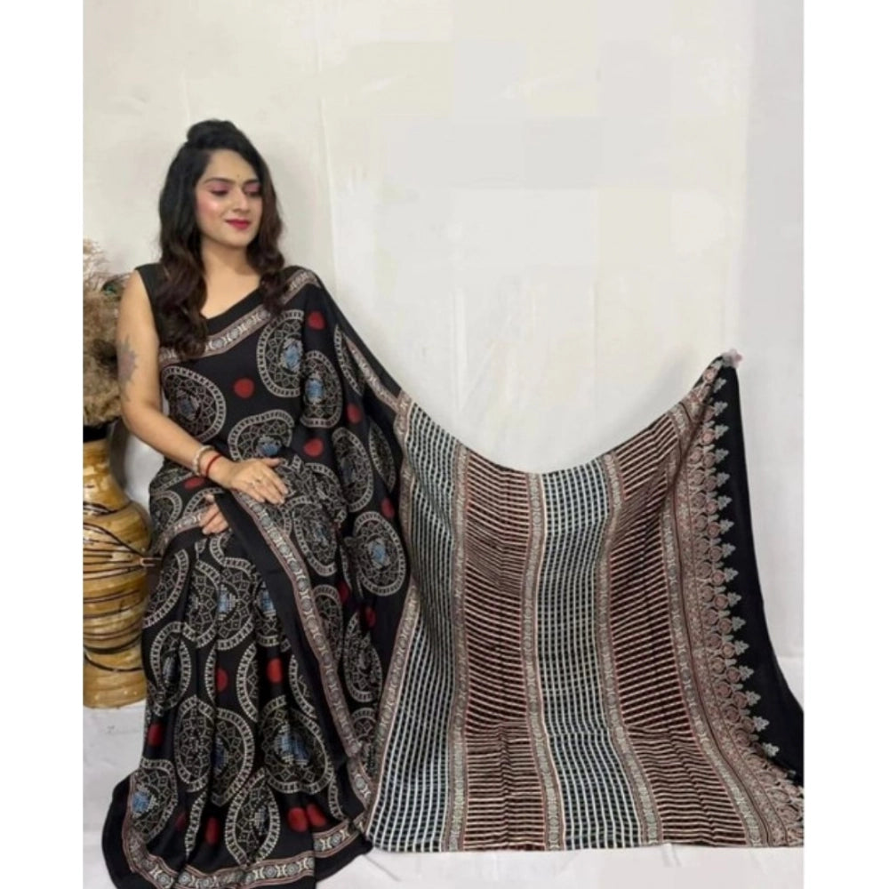 Women's Satin Printed Saree With Unstitched Blouse 5.5 Mtr (Black)