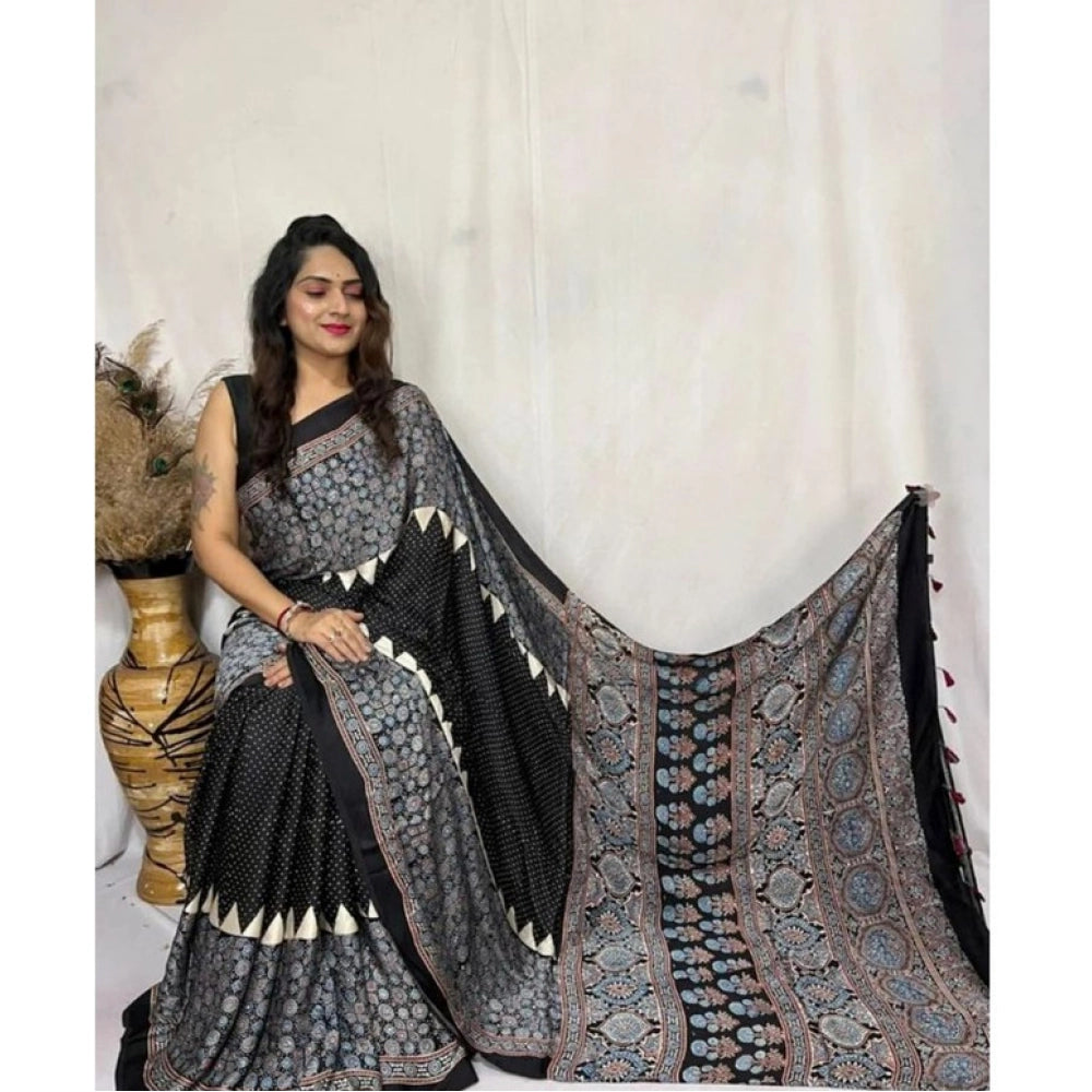 Women's Satin Printed Saree With Unstitched Blouse 5.5 Mtr (Black)