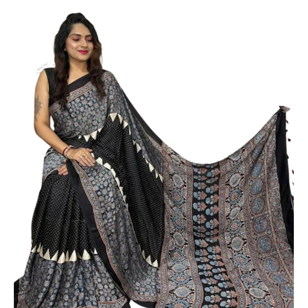 Women's Satin Printed Saree With Unstitched Blouse 5.5 Mtr (Black)