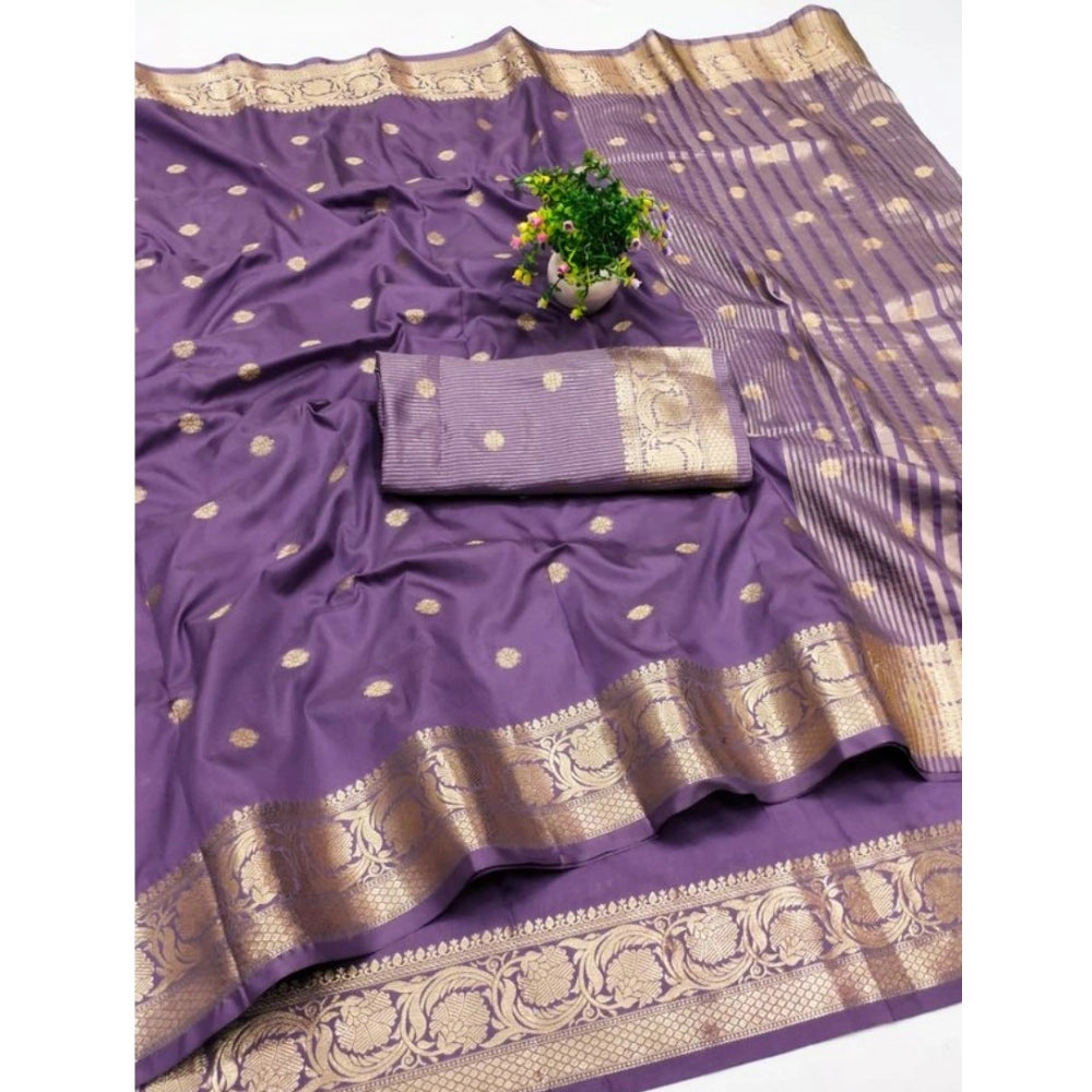 Women's Jacquard Silk Jaquard Woven Saree With Unstitched Blouse 5.5 Mtr (Purple)