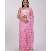 Women's Linen Printed Saree With Unstitched Blouse 5.5 Mtr (Pink)