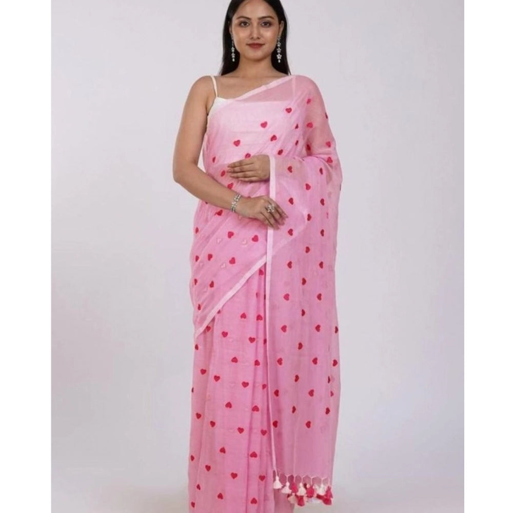 Women's Linen Printed Saree With Unstitched Blouse 5.5 Mtr (Pink)