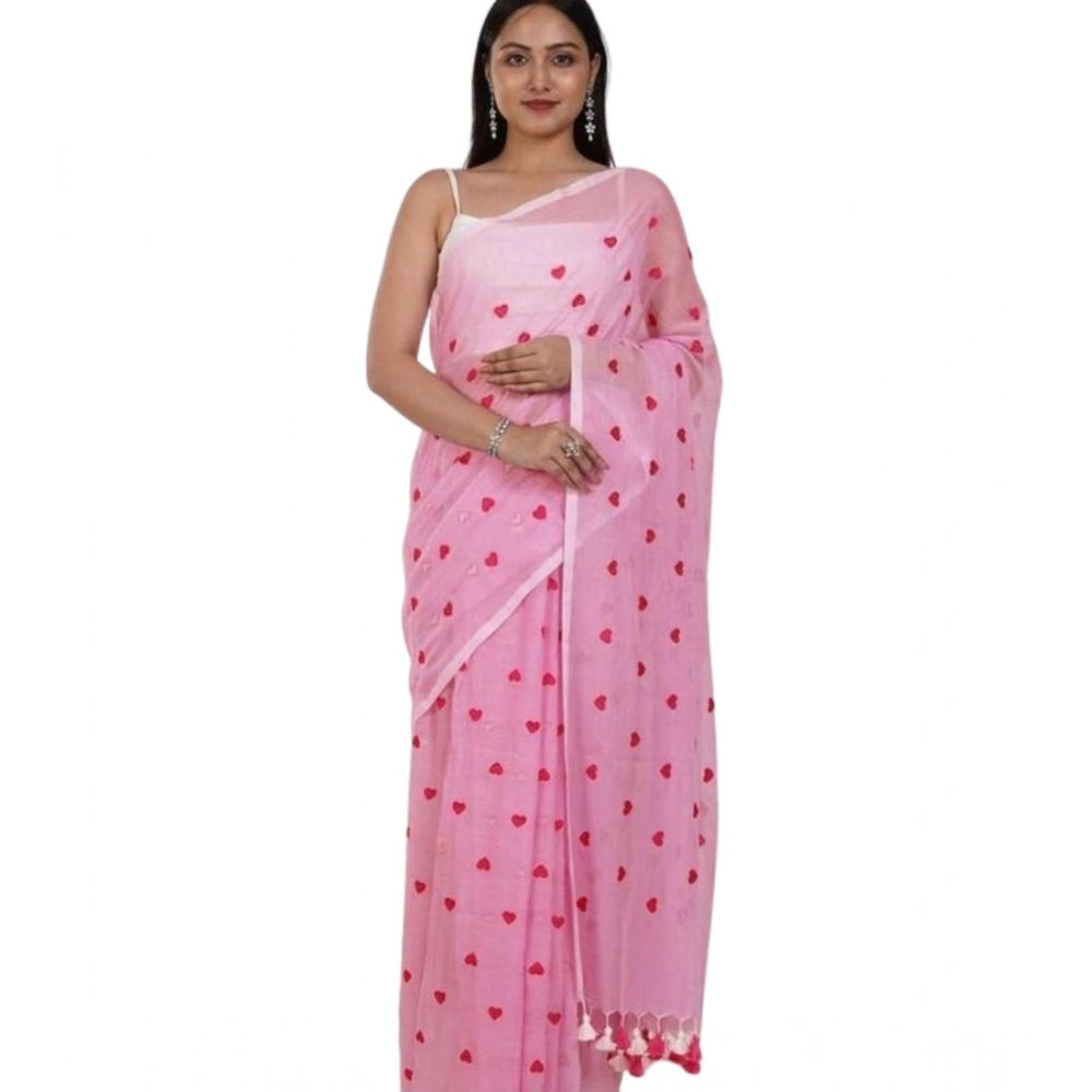Women's Linen Printed Saree With Unstitched Blouse 5.5 Mtr (Pink)