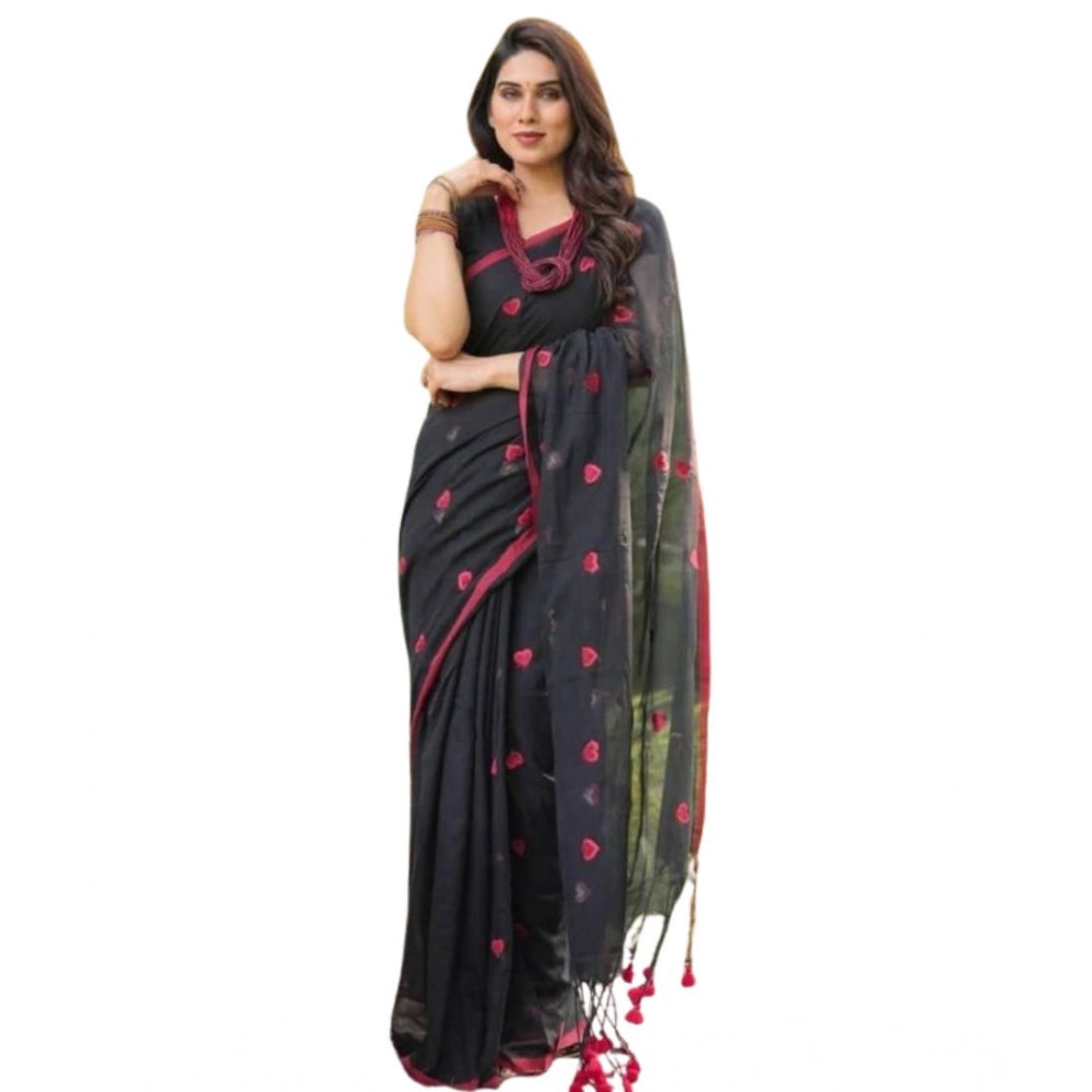 Women's Linen Printed Saree With Unstitched Blouse 5.5 Mtr (Black)