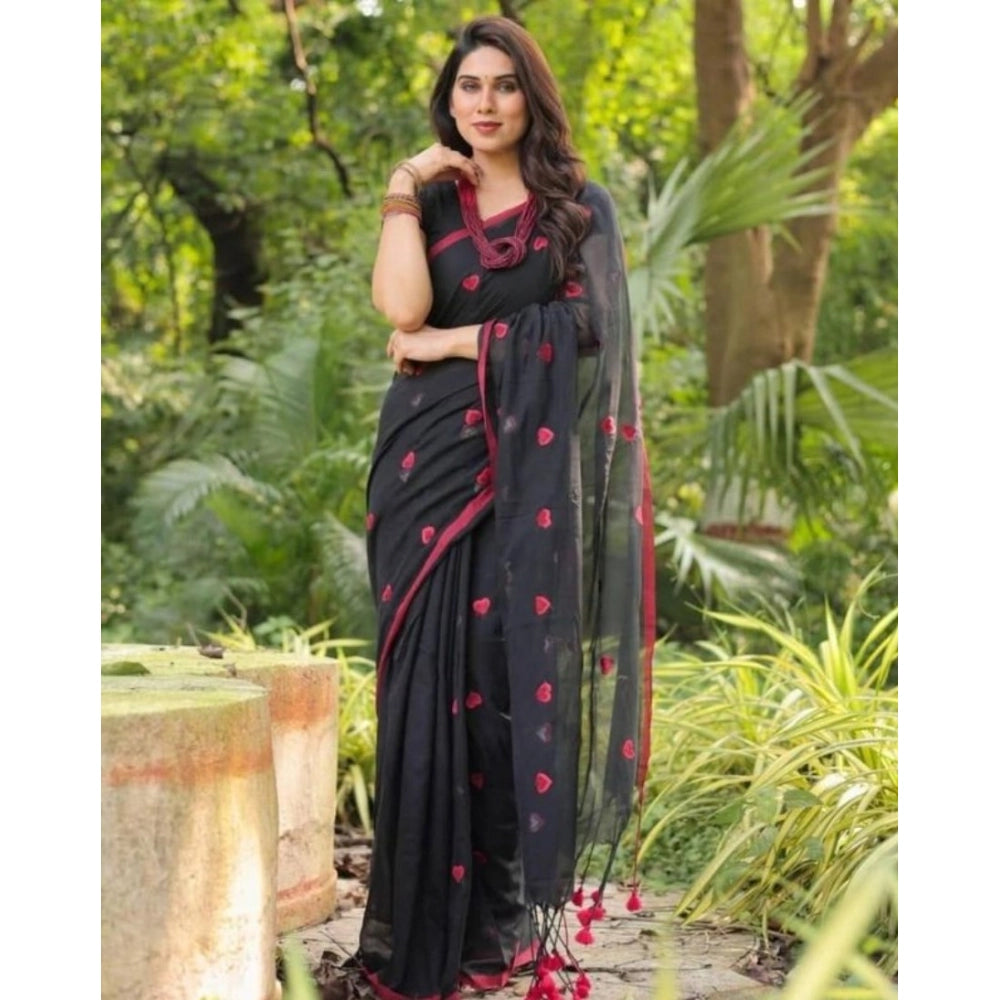 Women's Linen Printed Saree With Unstitched Blouse 5.5 Mtr (Black)