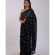 Women's Linen Printed Saree With Unstitched Blouse 5.5 Mtr (Black)