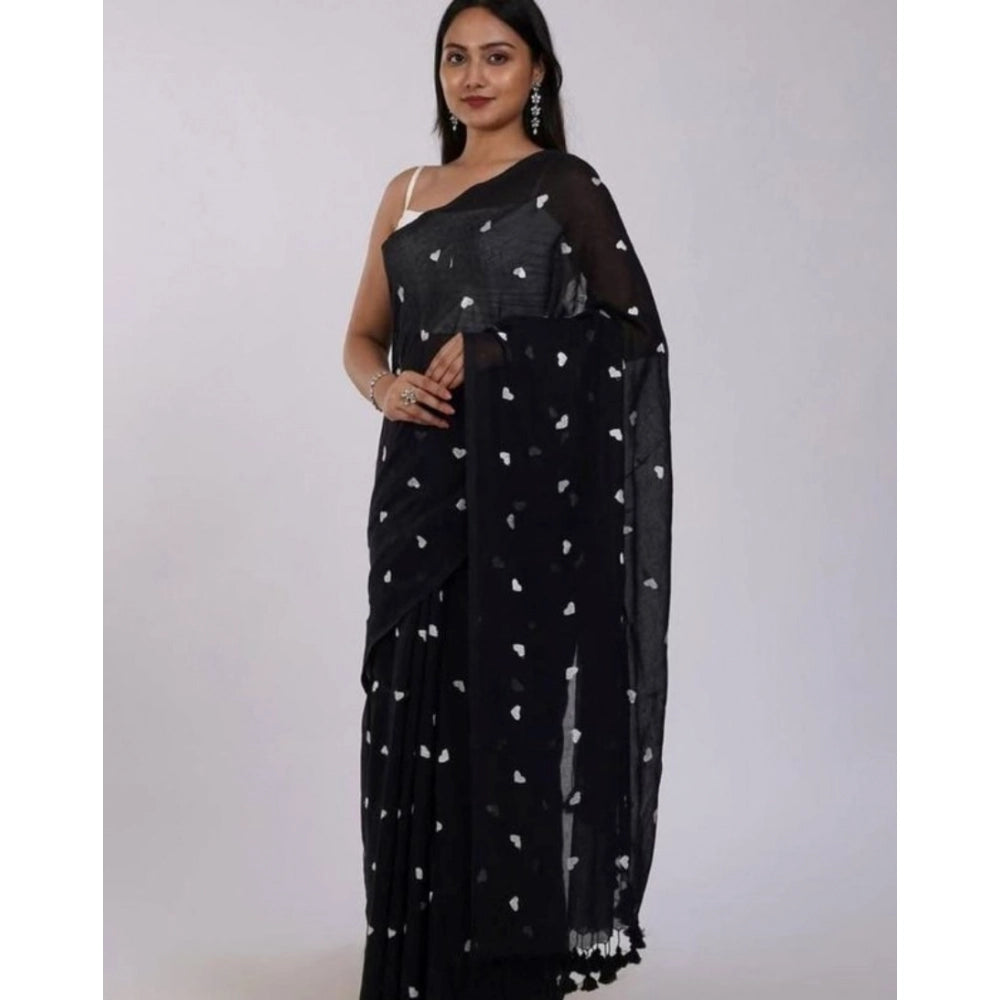 Women's Linen Printed Saree With Unstitched Blouse 5.5 Mtr (Black)