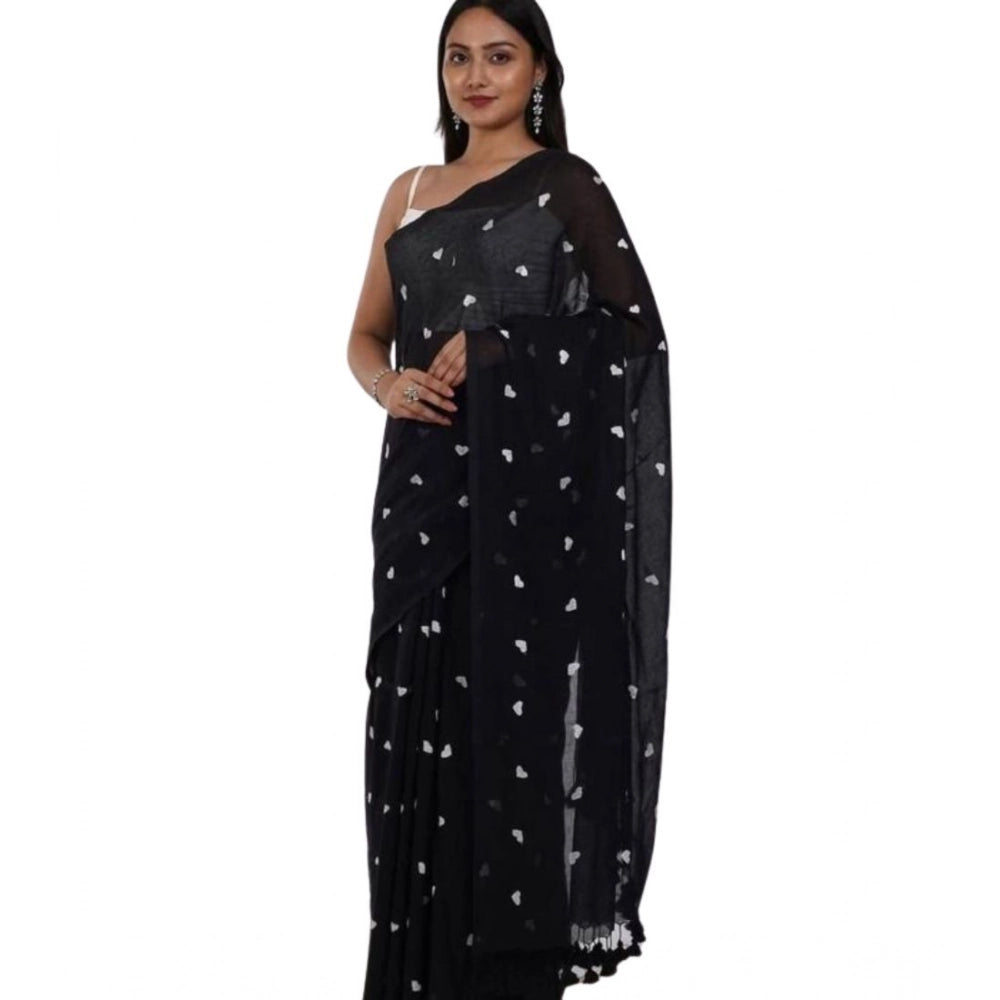 Women's Linen Printed Saree With Unstitched Blouse 5.5 Mtr (Black)