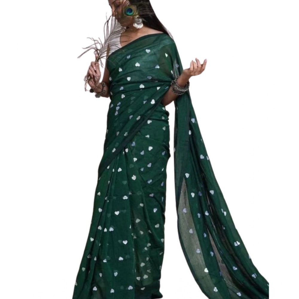 Women's Linen Printed Saree With Unstitched Blouse 5.5 Mtr (Green)