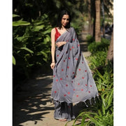 Women's Linen Printed Saree With Unstitched Blouse 5.5 Mtr (Grey)