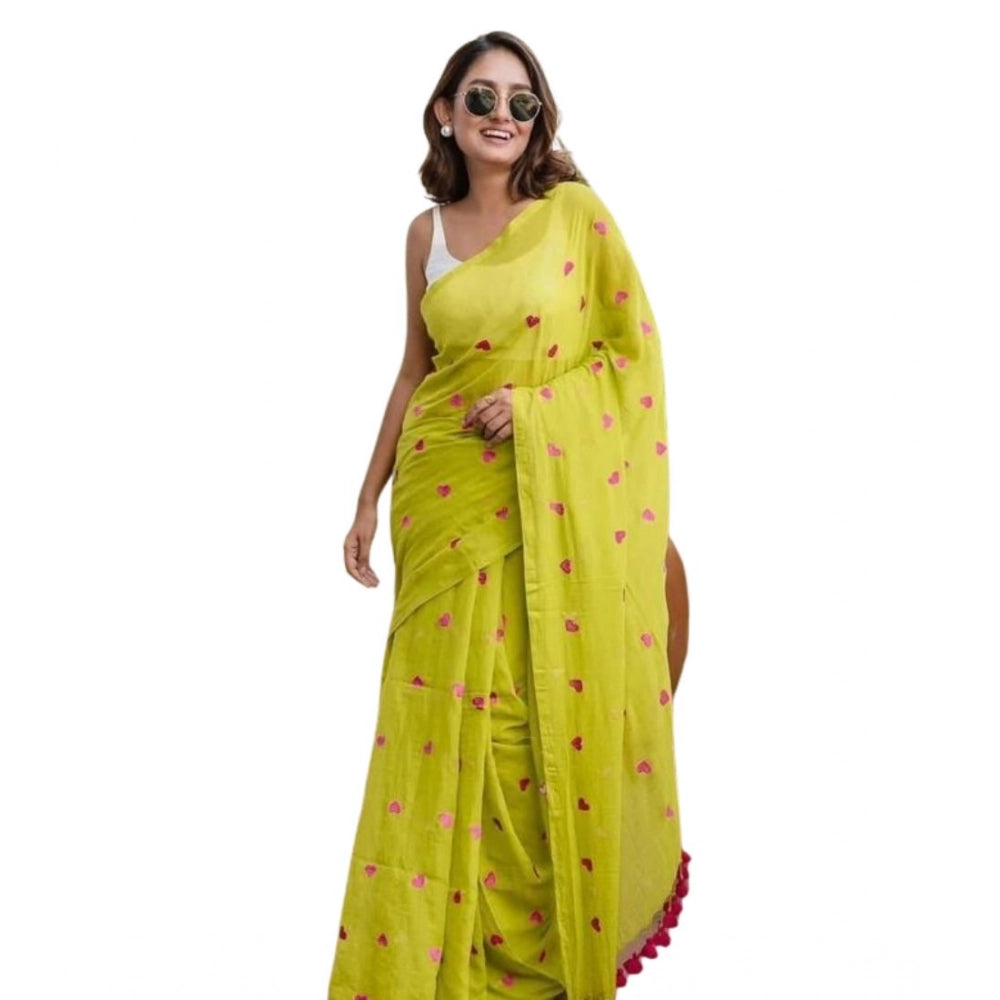 Women's Linen Printed Saree With Unstitched Blouse 5.5 Mtr (Light Green)
