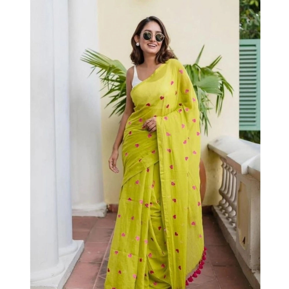 Women's Linen Printed Saree With Unstitched Blouse 5.5 Mtr (Light Green)