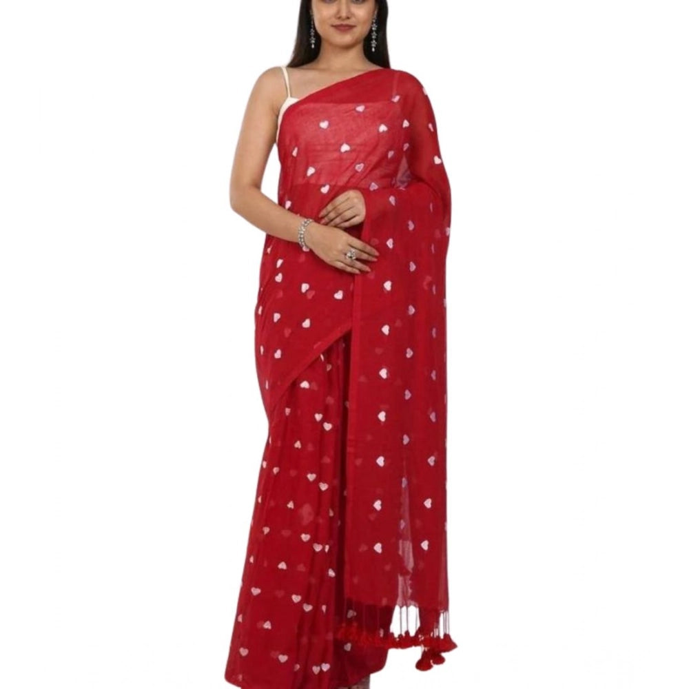 Women's Linen Printed Saree With Unstitched Blouse 5.5 Mtr (Red)