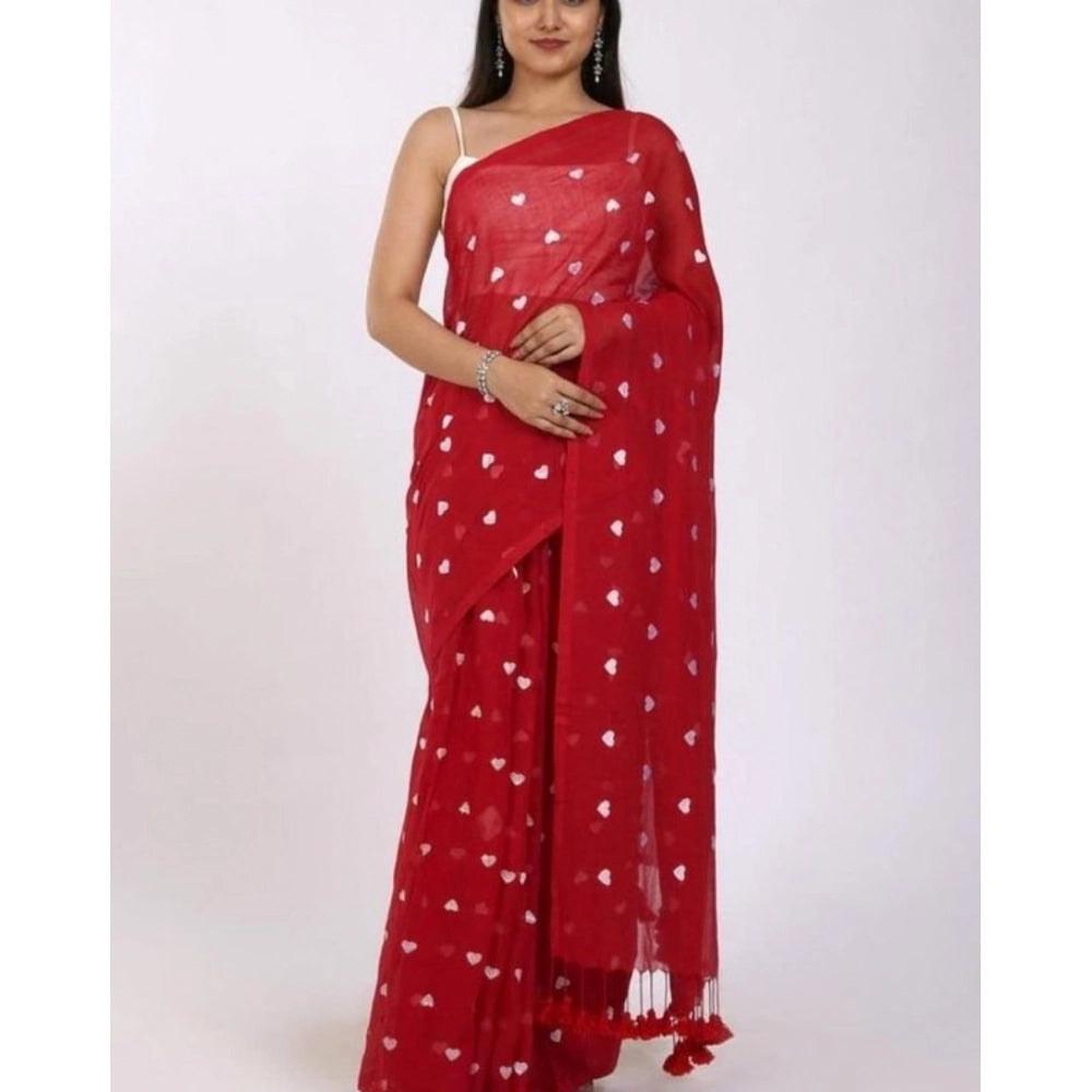 Women's Linen Printed Saree With Unstitched Blouse 5.5 Mtr (Red)