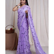 Women's Linen Printed Saree With Unstitched Blouse 5.5 Mtr (Purple)