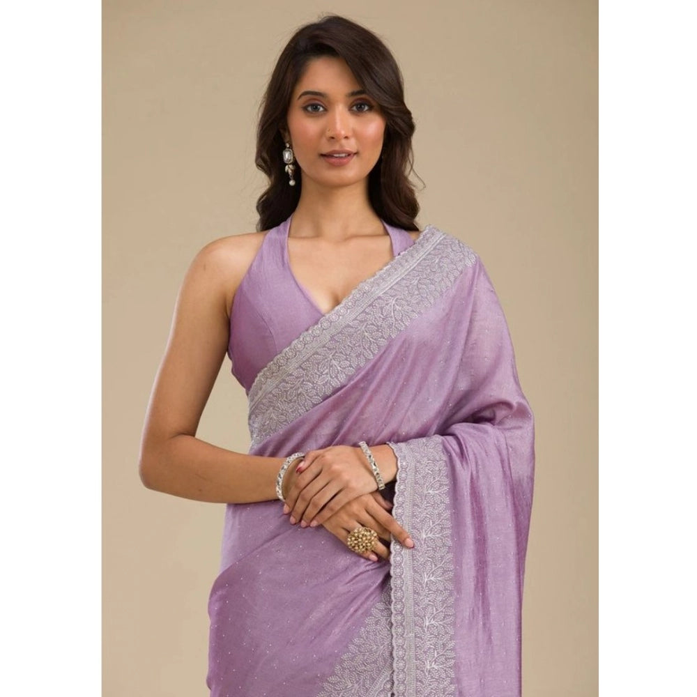 Women's Silk Embroidred Saree With Unstitched Blouse 5.5 Mtr (Purple)