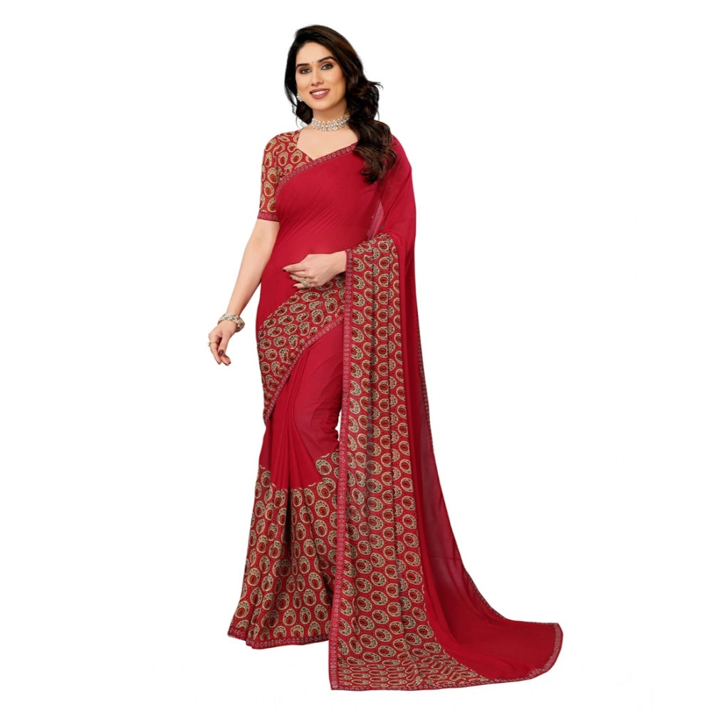 Women's Georgette Printed Saree With Unstitched Blouse 5.5 Mtr (Red)