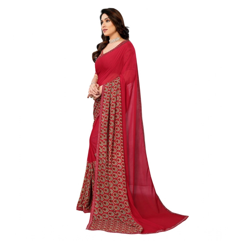 Women's Georgette Printed Saree With Unstitched Blouse 5.5 Mtr (Red)