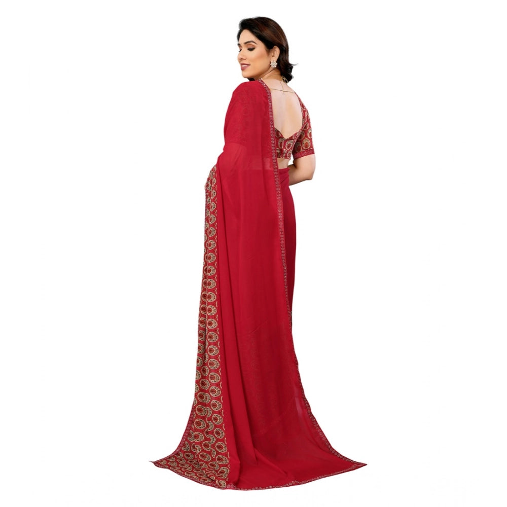 Women's Georgette Printed Saree With Unstitched Blouse 5.5 Mtr (Red)