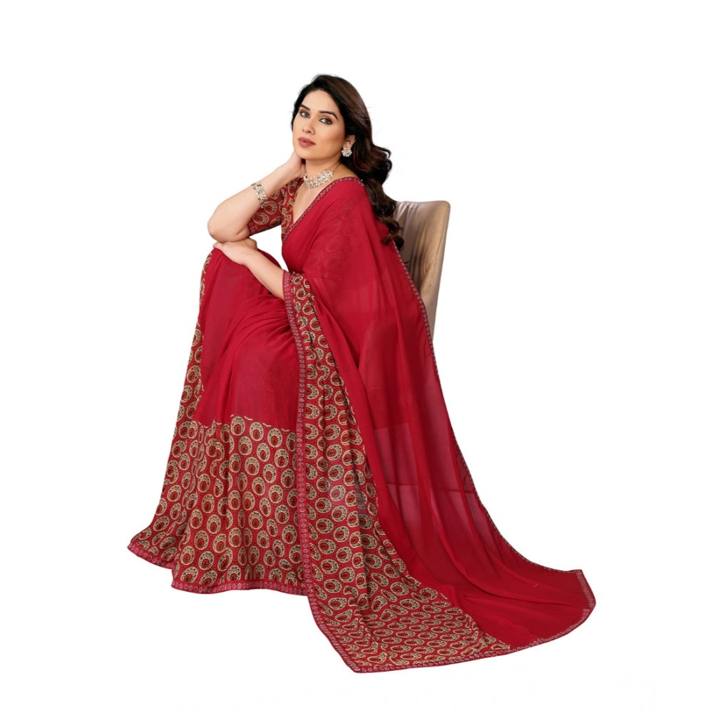 Women's Georgette Printed Saree With Unstitched Blouse 5.5 Mtr (Red)