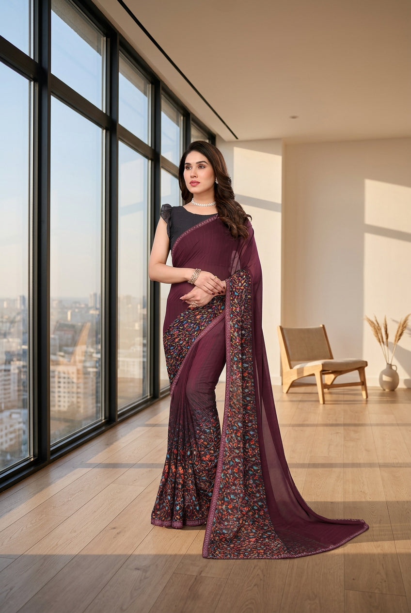 Women's Georgette Printed Saree With Unstitched Blouse 5.5Mtr (Maroon) - POPNOVA saree