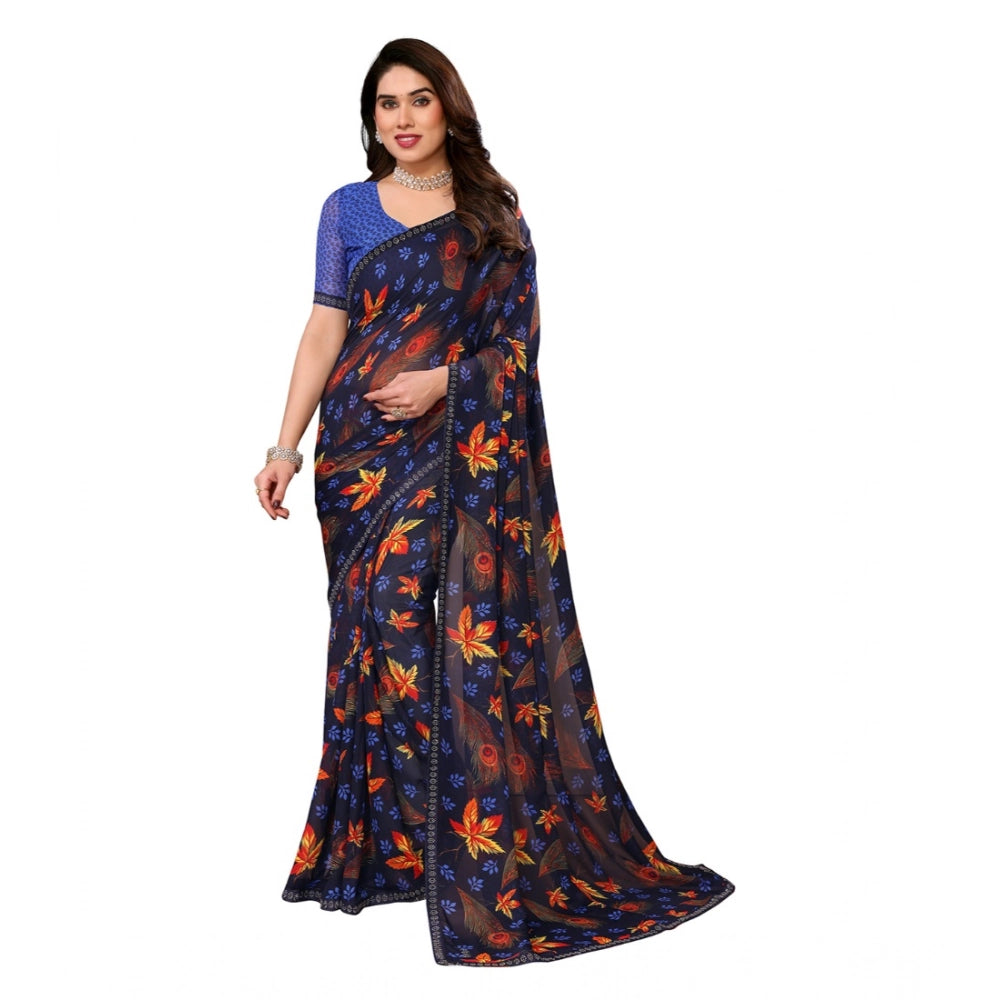 Women's Georgette Printed Saree With Unstitched Blouse 5.5 Mtr (Blue)