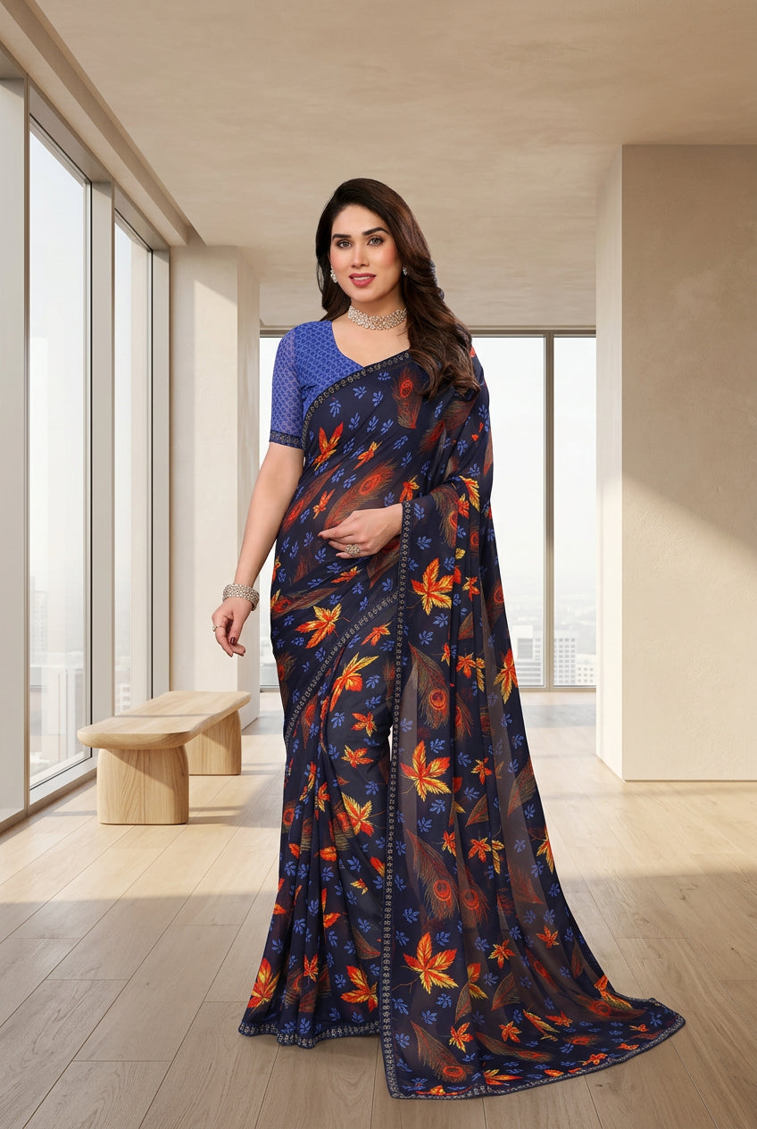 Women's Georgette Printed Saree With Unstitched Blouse 5.5Mtr (Blue) - POPNOVA saree