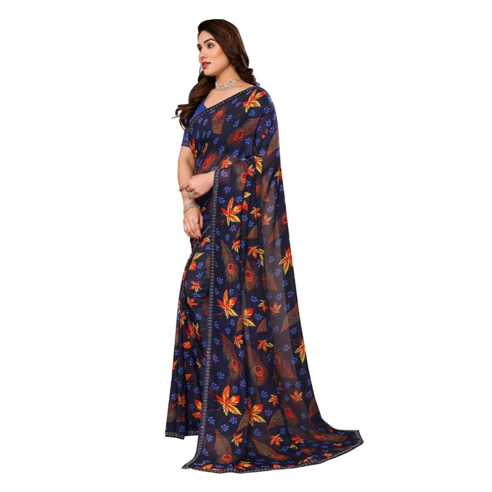 Women's Georgette Printed Saree With Unstitched Blouse 5.5 Mtr (Blue)