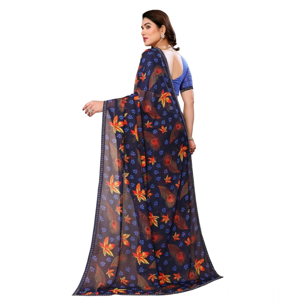 Women's Georgette Printed Saree With Unstitched Blouse 5.5 Mtr (Blue)