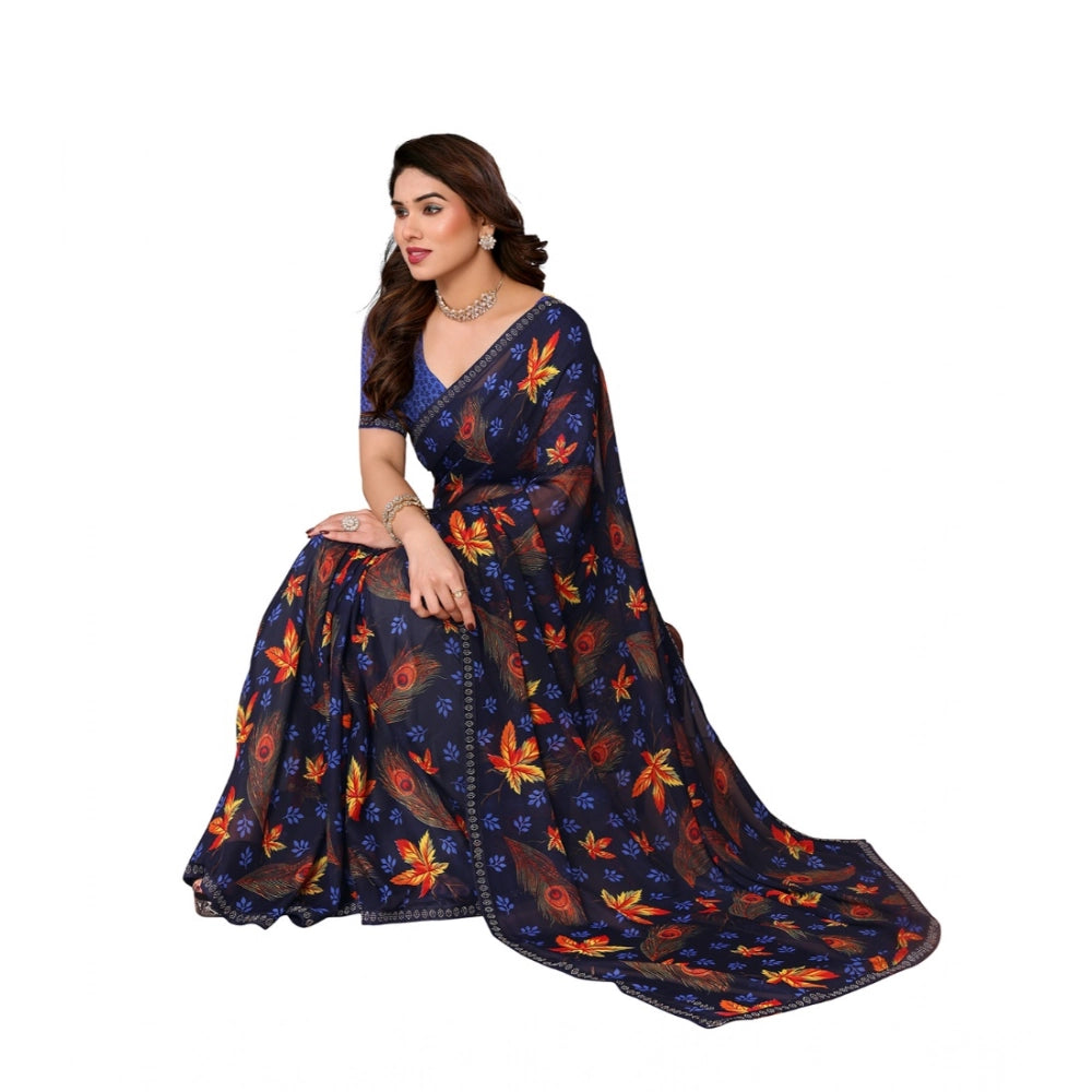 Women's Georgette Printed Saree With Unstitched Blouse 5.5 Mtr (Blue)