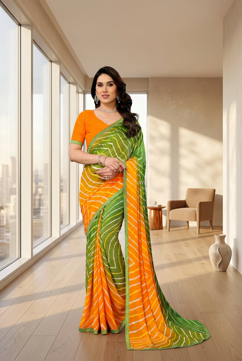 Women's Georgette Printed Saree With Unstitched Blouse 5.5Mtr (Green) - POPNOVA saree