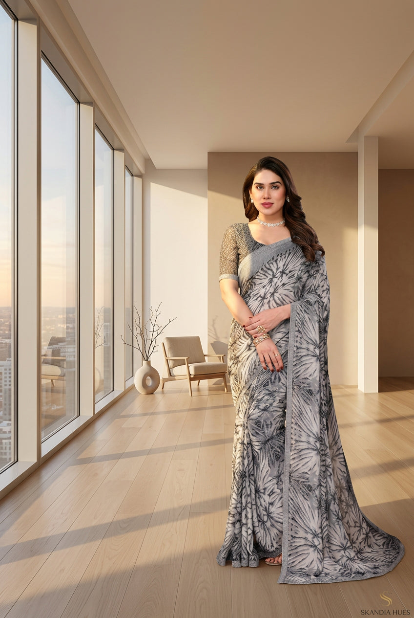 Women's Georgette Printed Saree With Unstitched Blouse 5.5Mtr (Grey) - POPNOVA saree