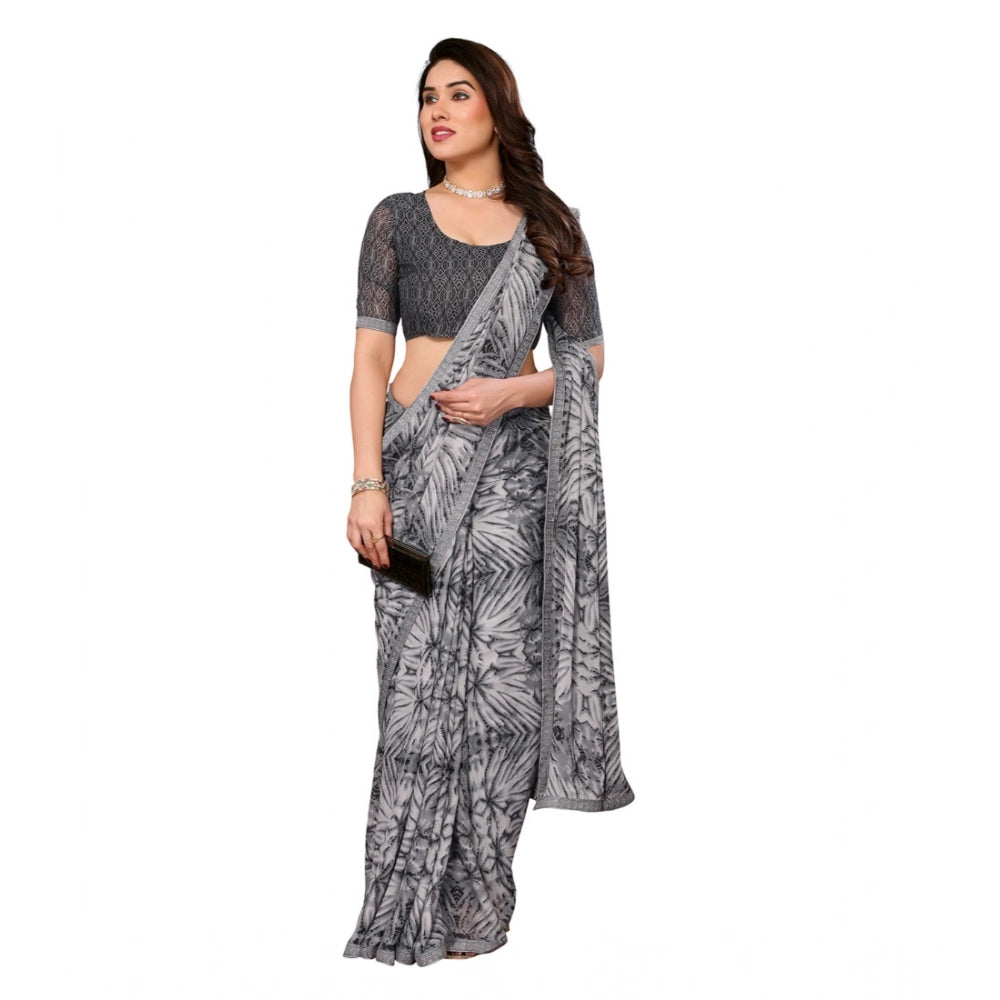 Women's Georgette Printed Saree With Unstitched Blouse 5.5 Mtr (Grey)