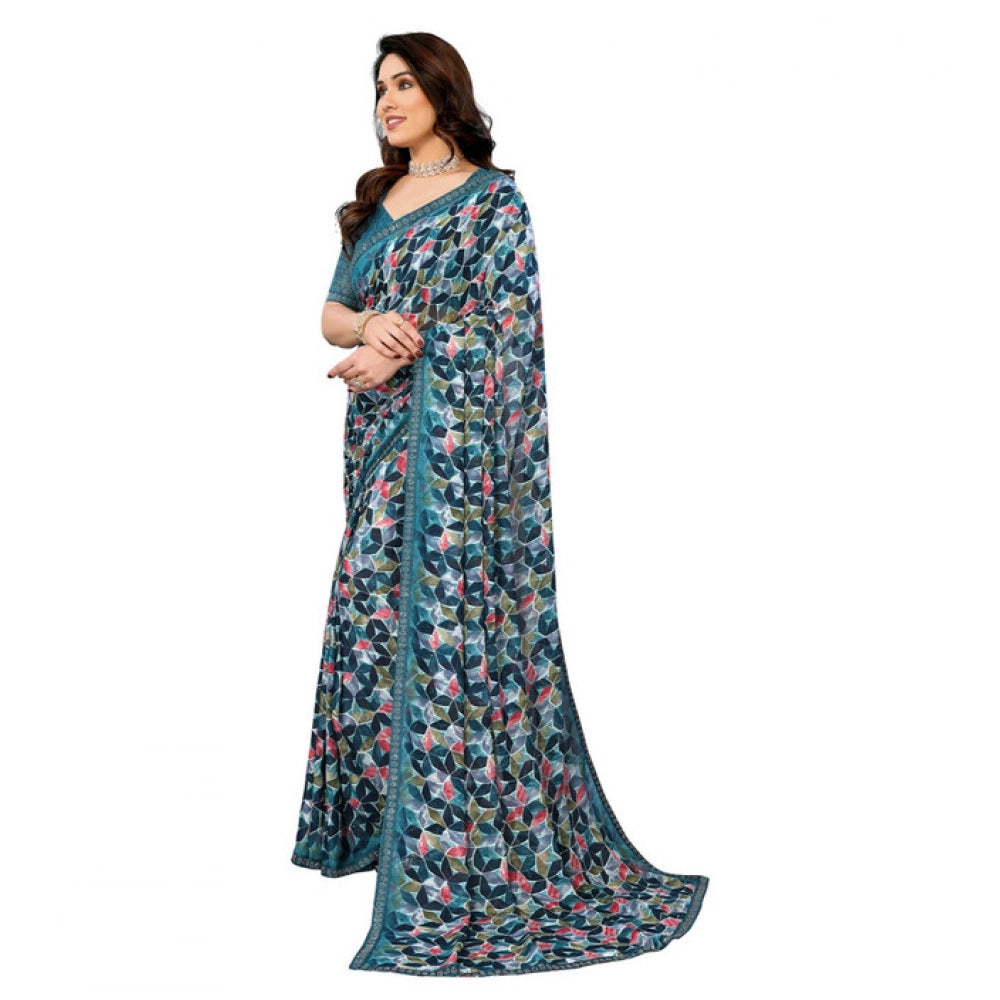 Women's Georgette Printed Saree With Unstitched Blouse 5.5 Mtr (Sky Blue)