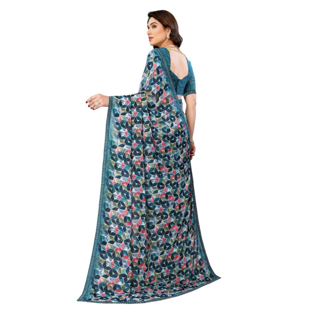 Women's Georgette Printed Saree With Unstitched Blouse 5.5 Mtr (Sky Blue)