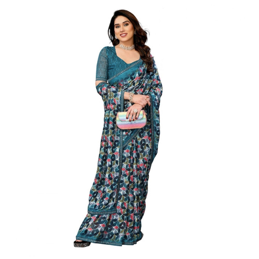Women's Georgette Printed Saree With Unstitched Blouse 5.5 Mtr (Sky Blue)
