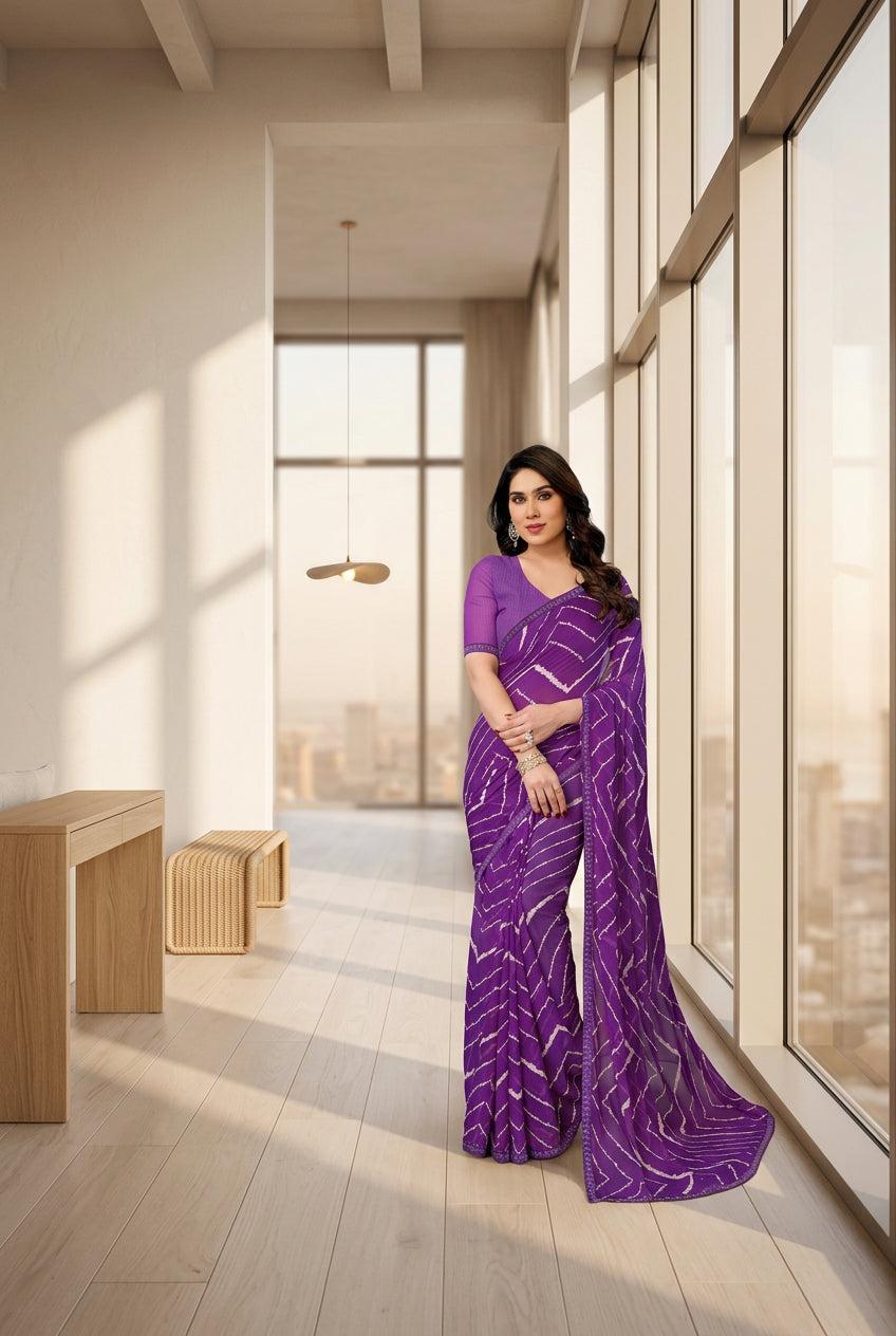 Women's Georgette Printed Saree With Unstitched Blouse 5.5Mtr (Purple) - POPNOVA saree