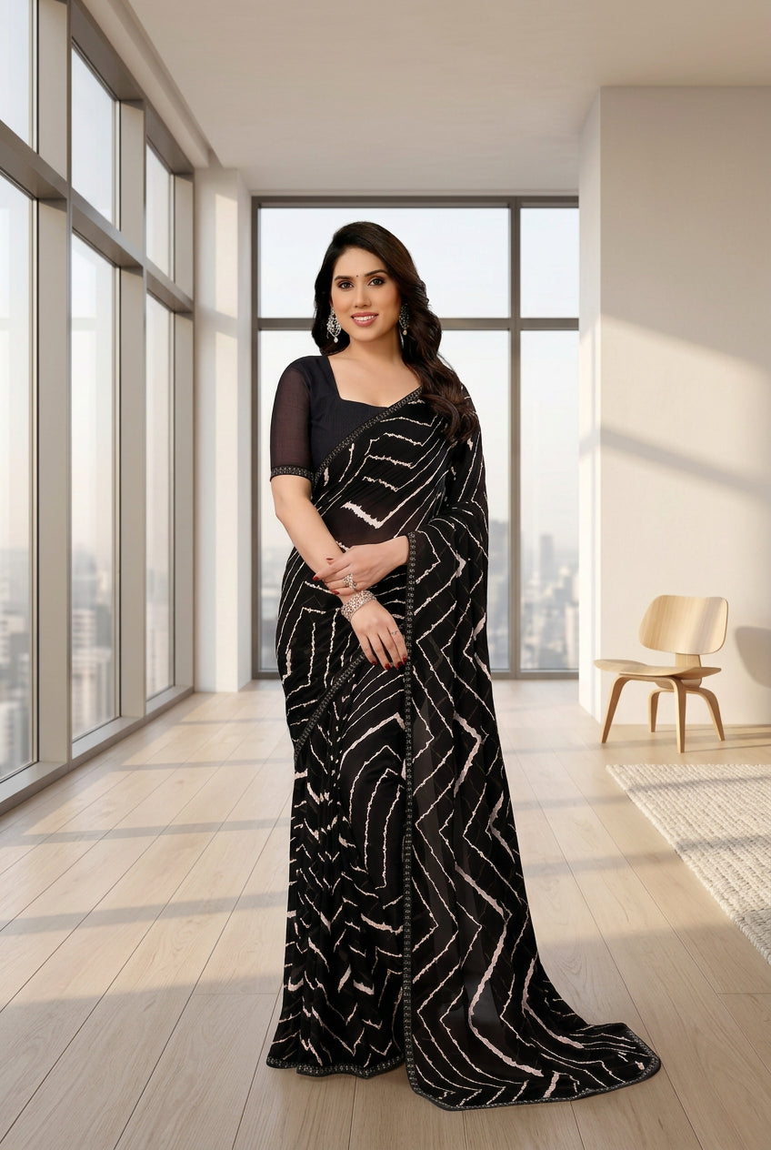 Women's Georgette Printed Saree With Unstitched Blouse 5.5Mtr (Black) - POPNOVA saree
