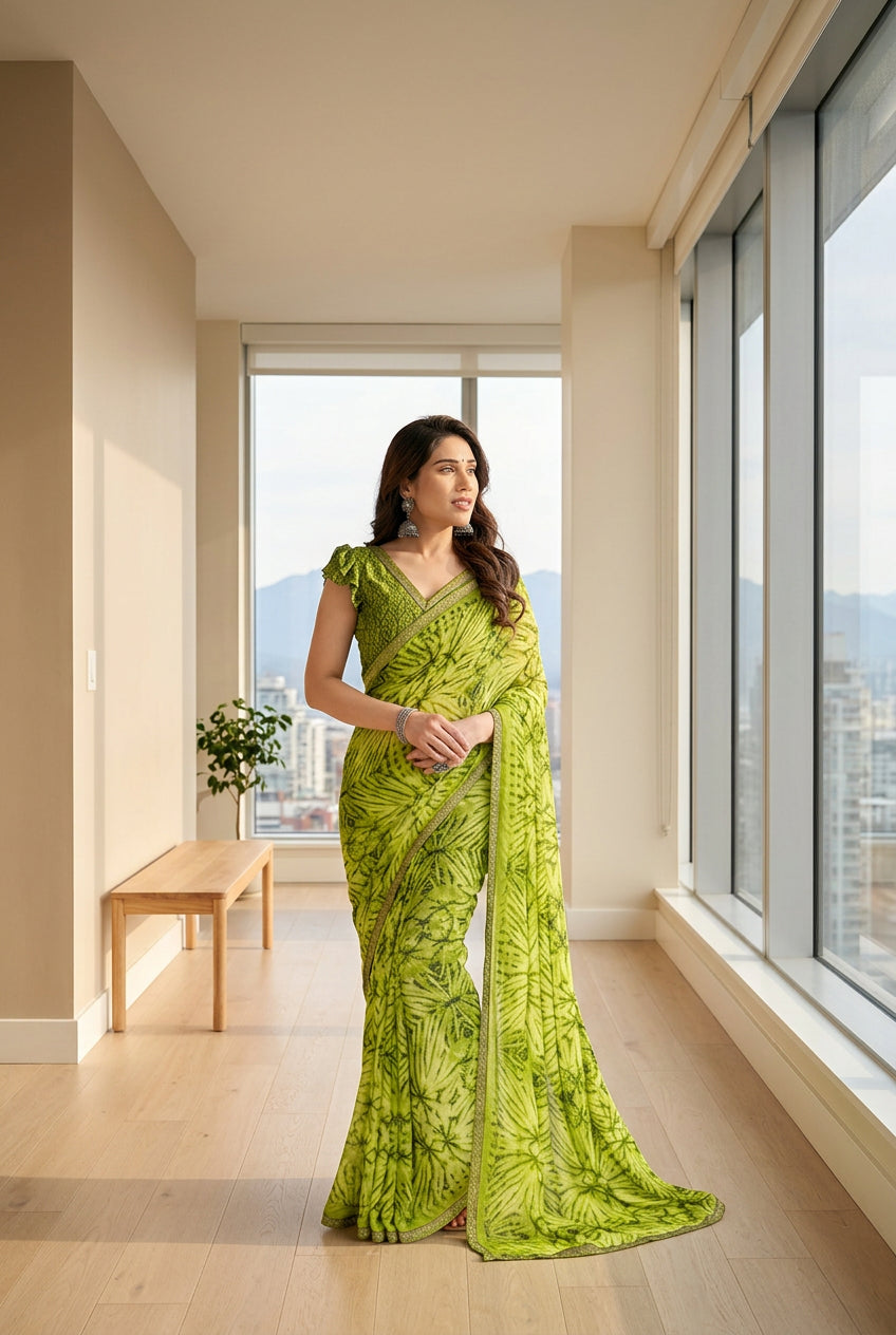 Women's Georgette Printed Saree With Unstitched Blouse 5.5Mtr (Mehendi Green) - POPNOVA saree