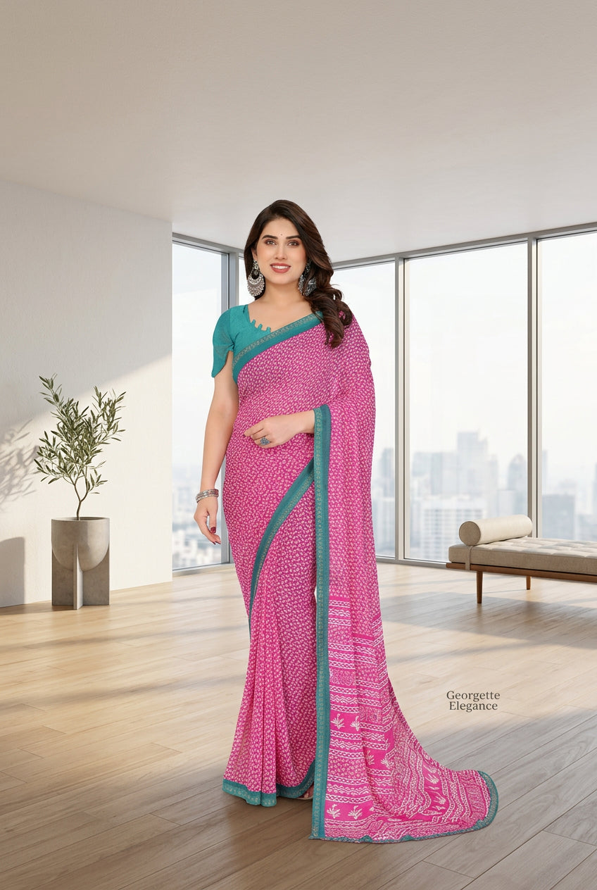 Women's Georgette Printed Saree With Unstitched Blouse 5.5Mtr (Pink) - POPNOVA saree