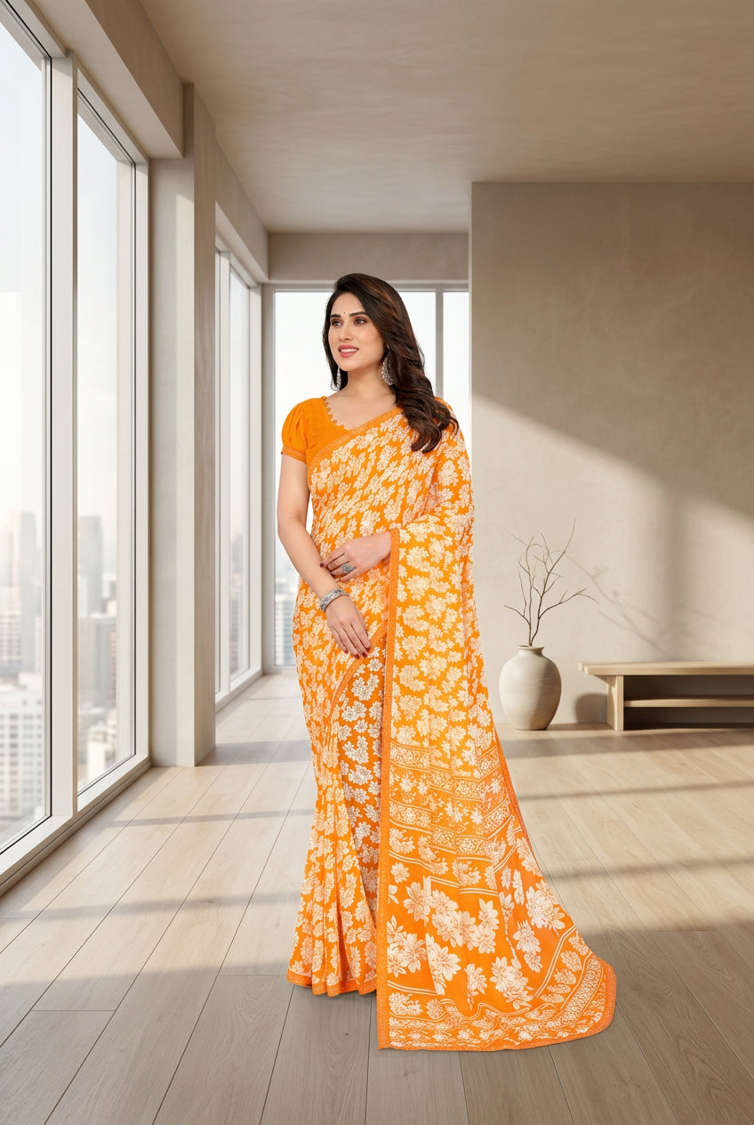 Women's Georgette Printed Saree With Unstitched Blouse 5.5Mtr (Yellow) - POPNOVA saree