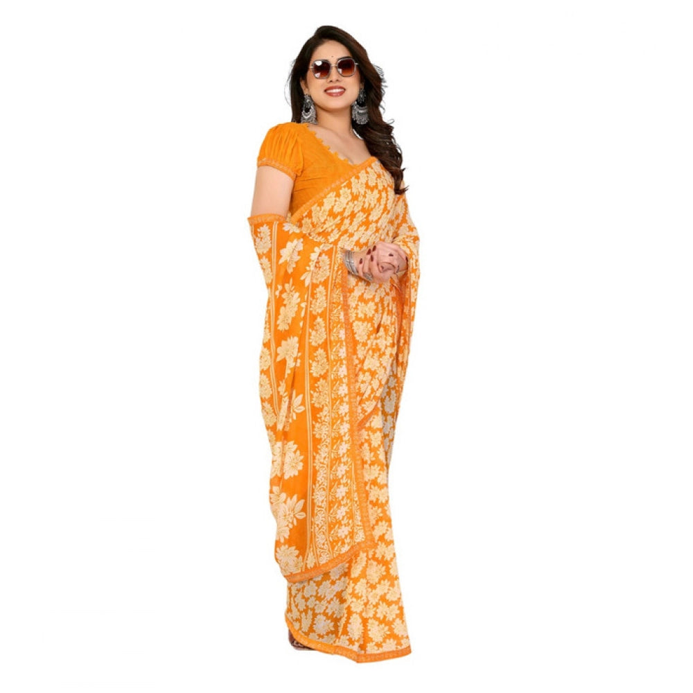Women's Georgette Printed Saree With Unstitched Blouse 5.5 Mtr (Yellow)