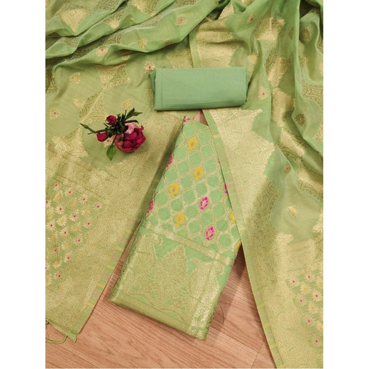 Generic Women's Banarasi Silk Printed Unstitched Salwar Suit Material With Dupatta (Pista, 3Mtrs)