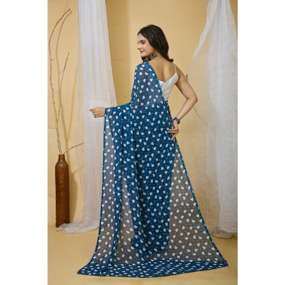 Women's Georgette Printed Saree With Unstitched Blouse 5.5 Mtr (Blue)