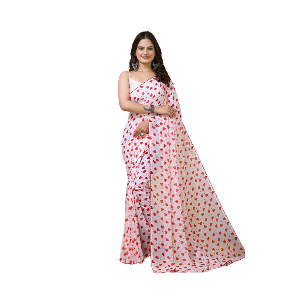 Women's Georgette Printed Saree With Unstitched Blouse 5.5 Mtr (White-Red)