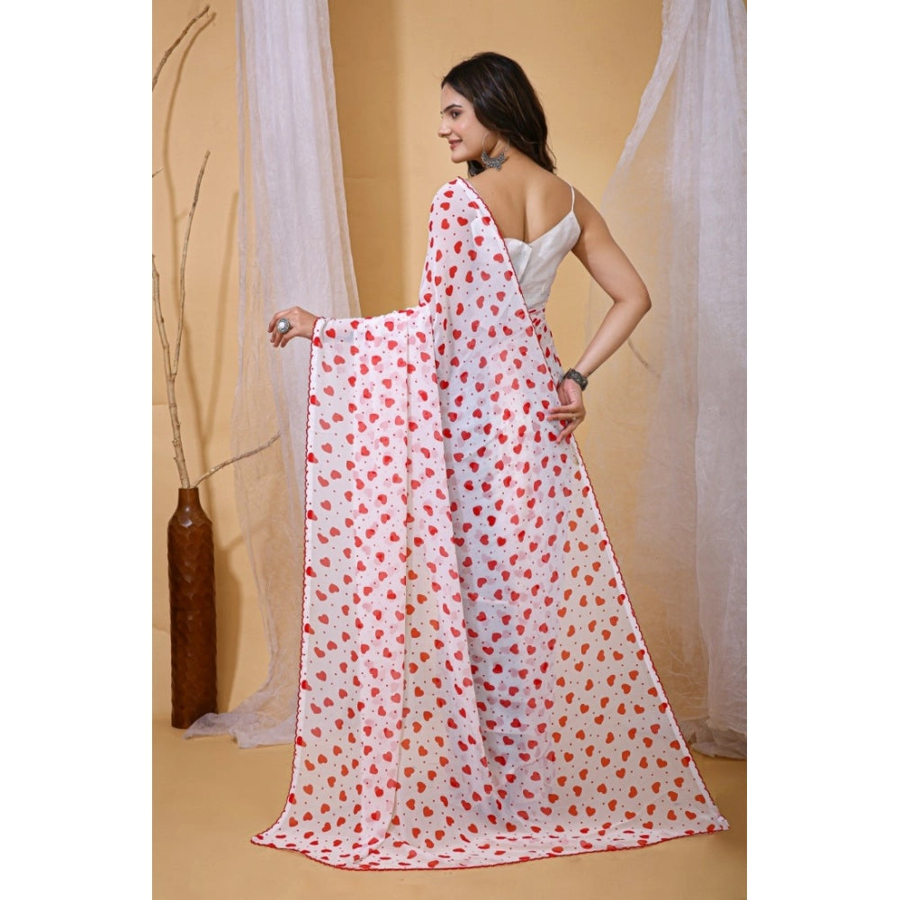 Women's Georgette Printed Saree With Unstitched Blouse 5.5 Mtr (White-Red)