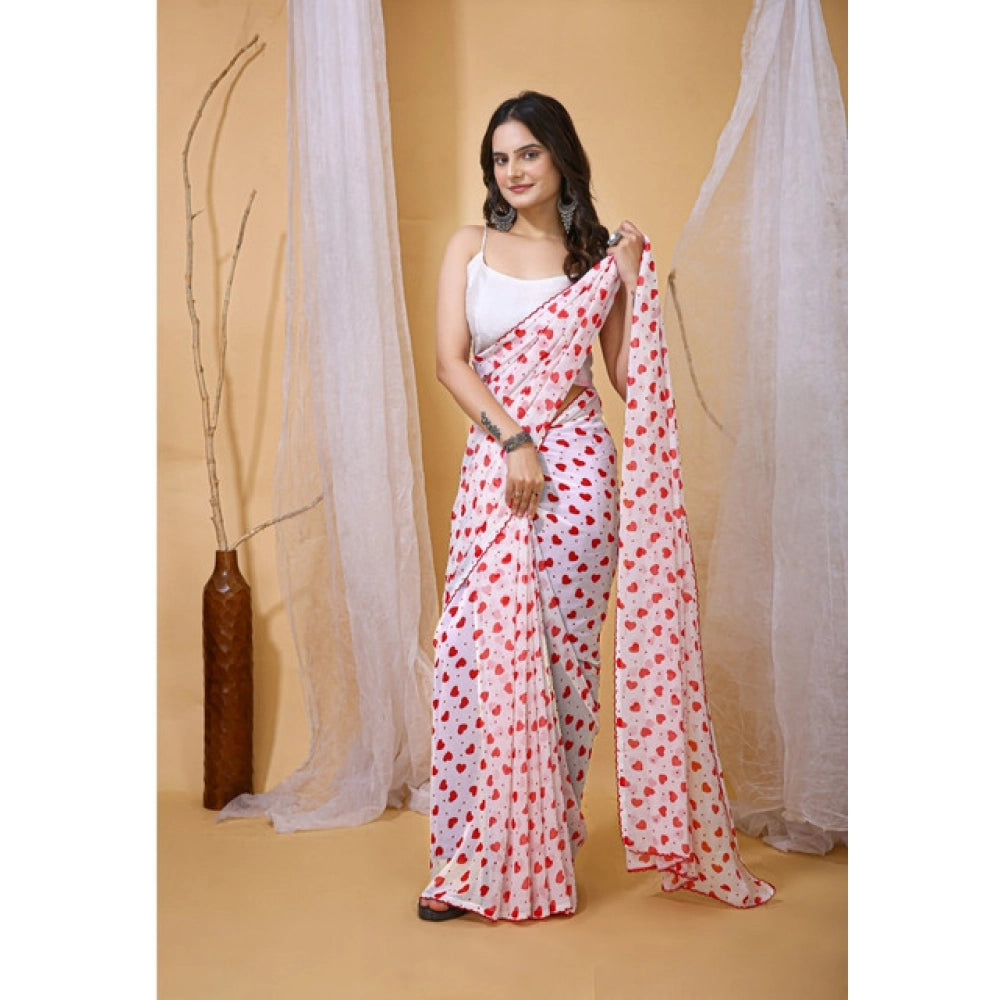 Women's Georgette Printed Saree With Unstitched Blouse 5.5 Mtr (White-Red)