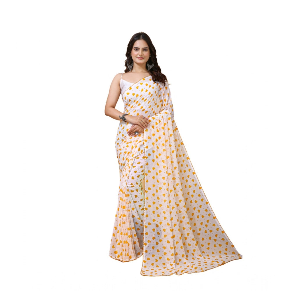 Women's Georgette Printed Saree With Unstitched Blouse 5.5 Mtr (White-Yellow)