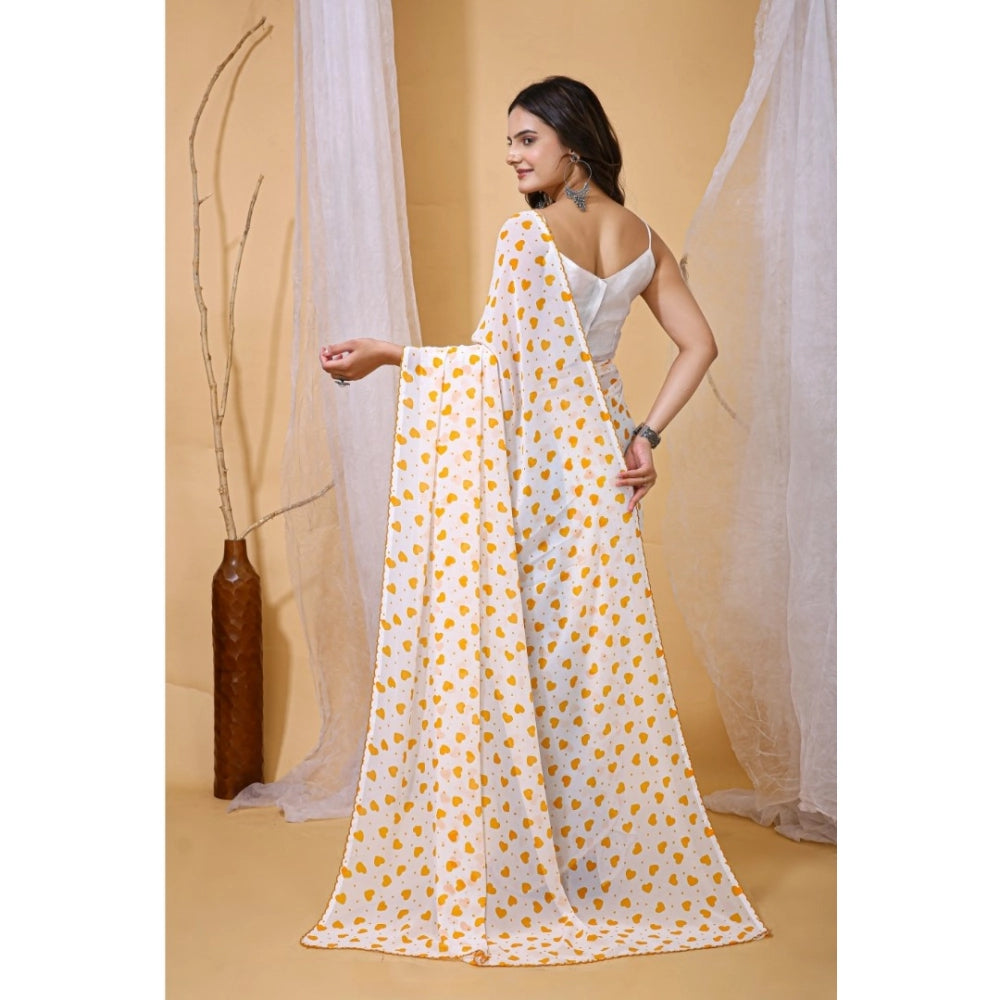 Women's Georgette Printed Saree With Unstitched Blouse 5.5 Mtr (White-Yellow)