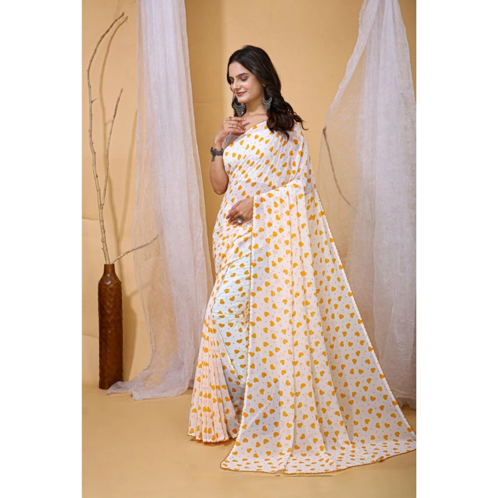 Women's Georgette Printed Saree With Unstitched Blouse 5.5 Mtr (White-Yellow)